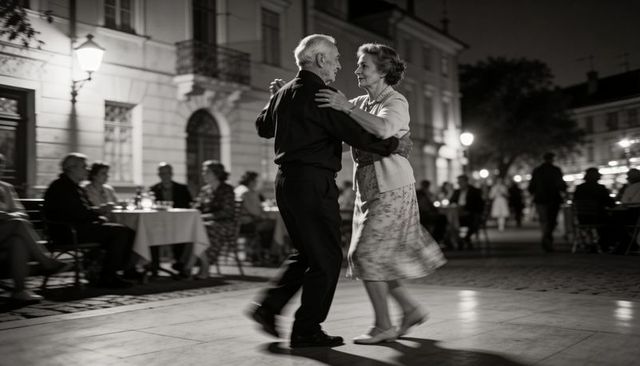 Senior couple dancing under streetlights on cobblestone plaza at night, romantic evening