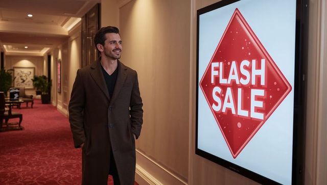 Elegant man in hotel corridor viewing flash sale display