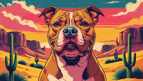 Vibrant pit bull portrait in desert sunset wilderness