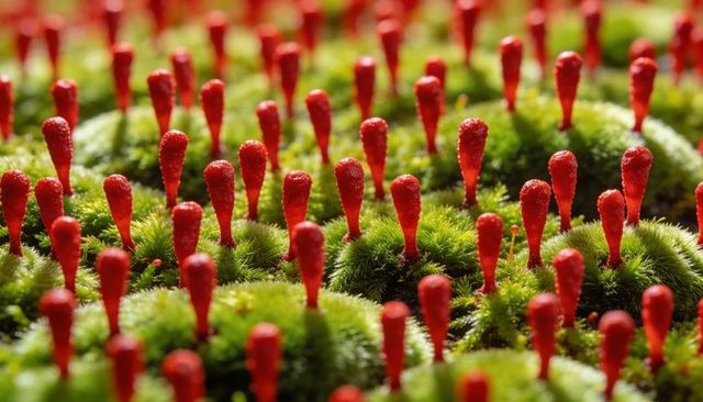 Sprouting red sporophytes on green moss tufts macro closeup with bokeh