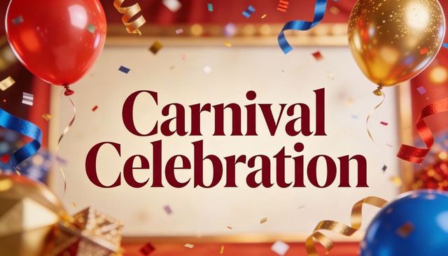 Vibrant carnival celebration banner with balloons, ribbons, confetti and gift box