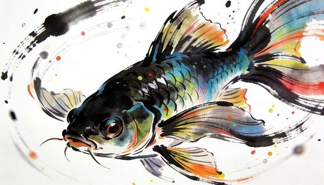 Swimming koi carp watercolor with dynamic sumi-e brushwork and colorful ink splatter art