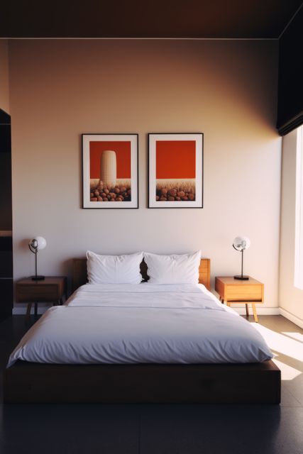 Modern and minimalist bedroom space featuring a bed with white bedding and pillows, flanked by wooden nightstands. Two pieces of framed art are displayed on the wall above the bed, contributing to the room's elegant decor. The space is bathed in light, suggesting a bright and inviting atmosphere. Perfect for illustrating contemporary interior design, cozy living spaces, or home decor themes.