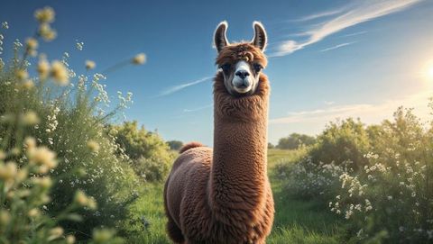 Brown llama standing in green meadow with wildflowers