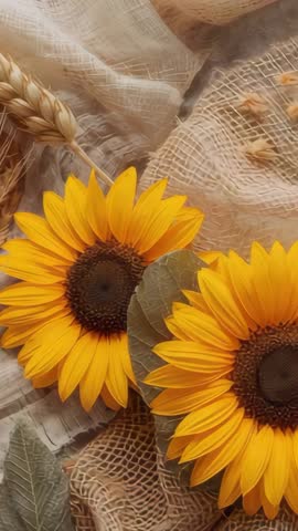 Vertical video panning across burlap with sunflowers and wheat focusing on right bloom