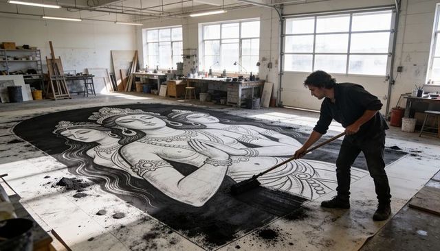Artist creating large-scale monochrome mural with charcoal pigment in industrial studio