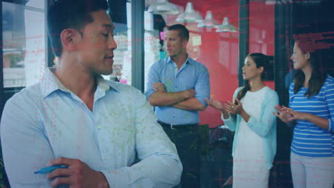 Business Executive Analyzing Data with Engaged Team in Background