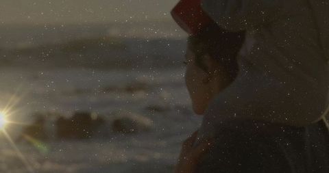 Mother and Child Bonding on Beach During Sunset with Copy Space