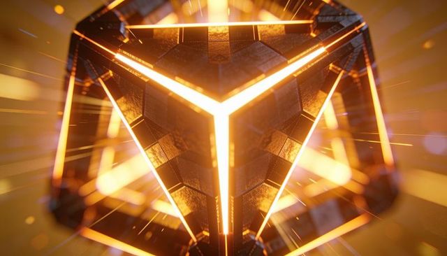 Glowing metallic polyhedron emitting amber energy seams and sparks futuristic core