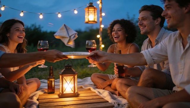 Friends sharing cozy evening picnic with lantern, wine and string lights outdoors smiling