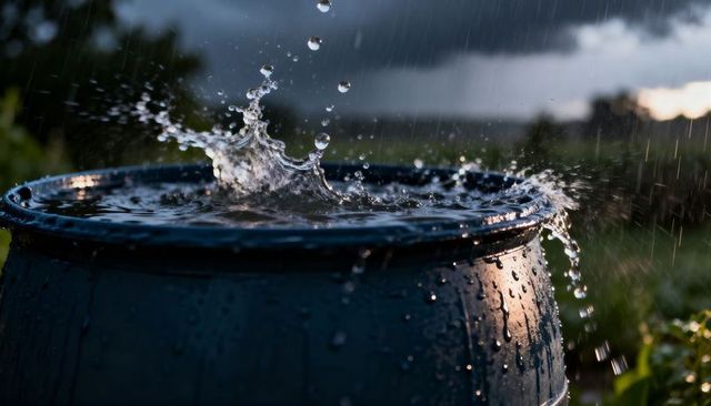 Blue barrel collecting rainwater with dramatic splash crown under stormy sky