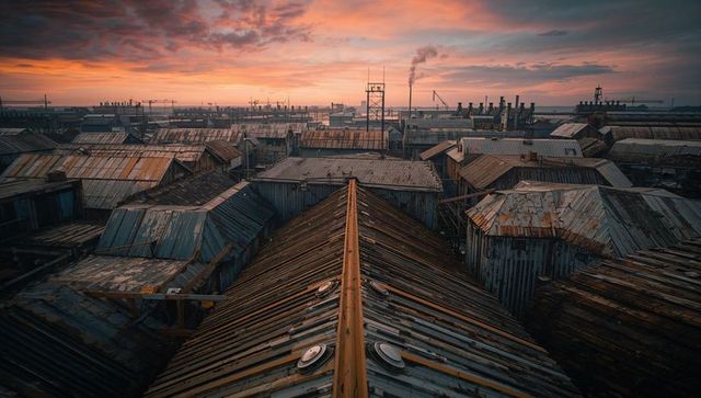 Urban Harbor Industrial Rooftops at Sunset
