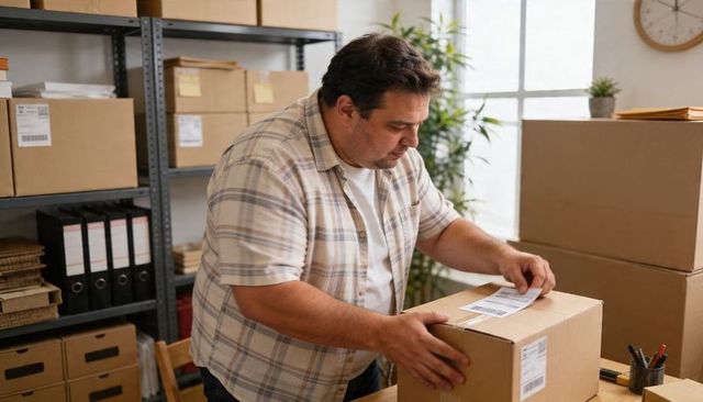 Applying shipping label and smoothing box at packing table in small business warehouse