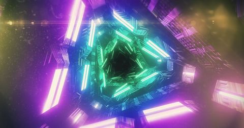 Colorful Triangle Tunnel with Spinning Light Trails in Seamless Loop