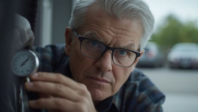 Senior technician adjusting pressure gauge in workshop setting