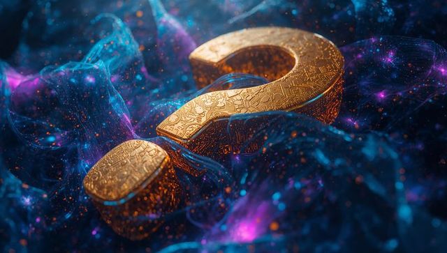 Golden 3D Question Mark Over Digital Flux with Glowing Accents