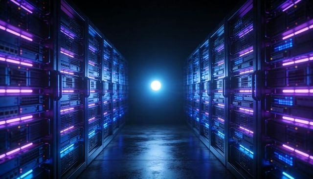 Neon data center corridor drawing gaze to blue orb, futuristic server rack perspective