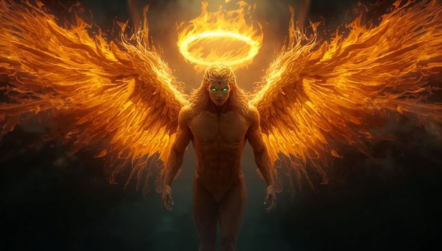 Mythical fiery angel in smoky ethereal scene