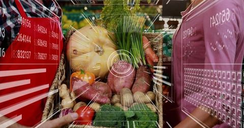 Smart retail hud scan over fresh produce basket during employee and shopper collaboration