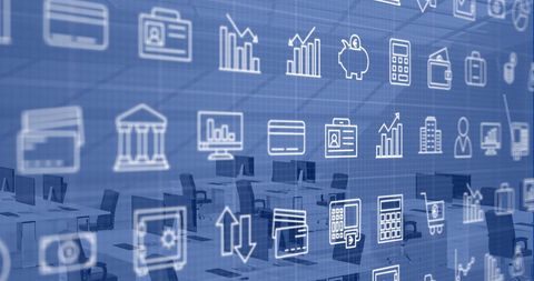 Digital Business Icons Overlaying Office Environment - Download Free Stock Images Pikwizard.com