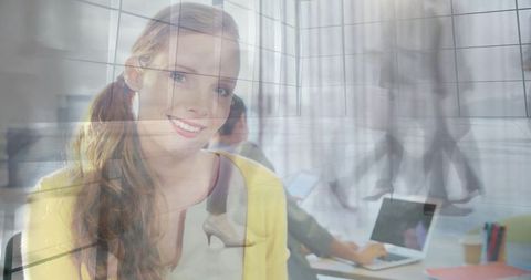 Businesswoman Smiling, Blend Transparently with Office Backdrop