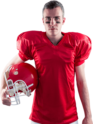 Serious american football player in red gear on transparent background