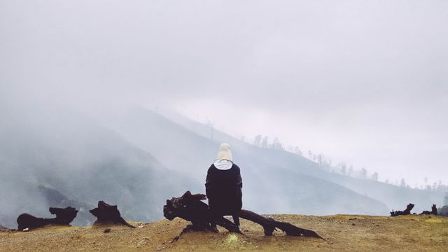 This image depicts a lone woman sitting on a log, facing a misty mountain landscape. The fog envelops the scenery, creating a serene and tranquil atmosphere. The overcast sky and fog-covered mountains in the background highlight the natural surroundings and a sense of solitude. Ideal for use in travel blogs, nature magazines, mental health narratives, and adventure branding, capturing themes of tranquility, introspection, and the beauty of the outdoors.