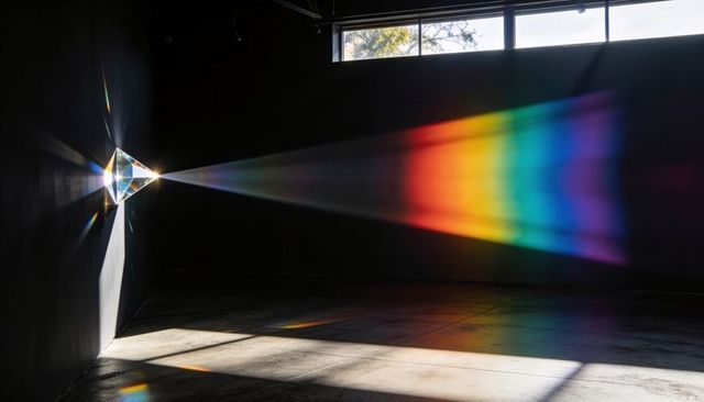 Sunlight refracting through faceted glass prism casting rainbow beam across dark gallery