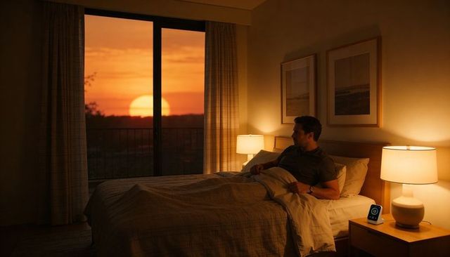 Man watching sunset from bed through sliding glass door at dusk with warm lamp light
