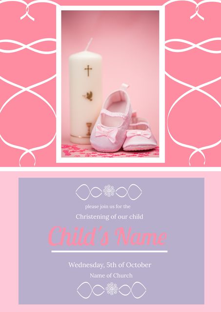 Christening Invitation Template with Candle and Baby Shoes - Download Free Stock Templates Pikwizard.com