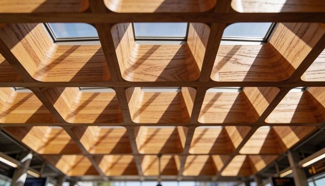 Sunlit wooden coffered ceiling with skylight grid casting diagonal shadows