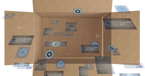 Futuristic data holograms in beige room