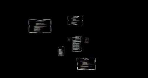 Glitch holographic code panels floating in dark cyber void for futuristic data visuals and ui