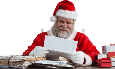 Cheerful santa reading christmas letter palms open transparent