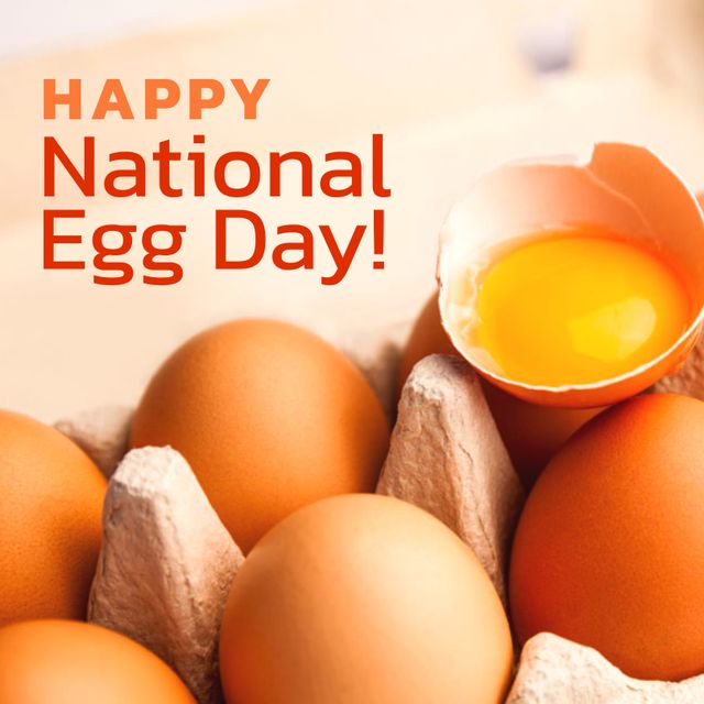 Bright and cheerful design promoting National Egg Day with fresh brown eggs in a carton. Perfect for use in social media posts, food blogs, celebration announcements, or marketing materials for food-related events. Highlights both whole and cracked eggs to emphasize freshness and versatility in cooking.