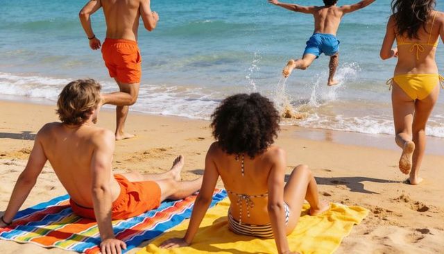 Friends relaxing on colorful beach towels while others running and splashing in ocean