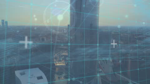 Futuristic Digital Grid Overlay on Urban Cityscape