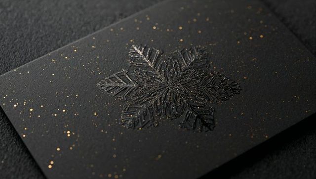 Displaying matte black card with embossed geometric snowflake and gold speck shimmer