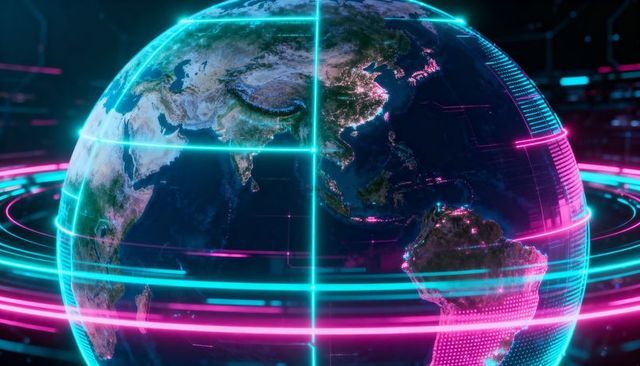 Rotating holographic globe displaying neon data streams with cyan grid and magenta rings
