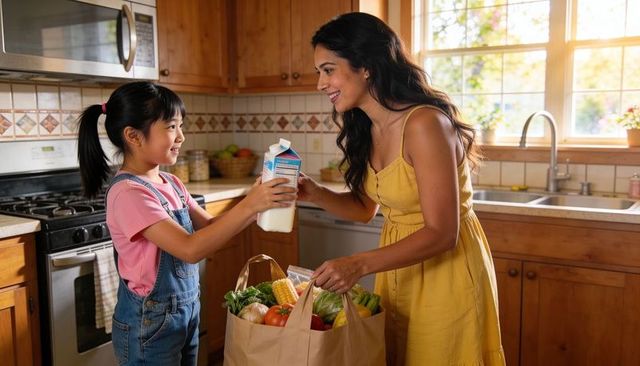 Mother handing milk to daughter while unpacking groceries in sunlit kitchen