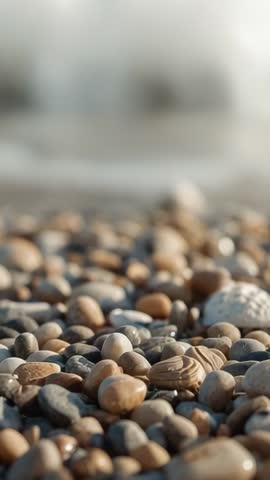 Vertical video gentle waves rolling over smooth pebbles and seashell with sea foam