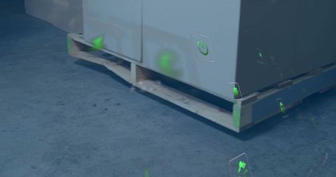 Futuristic warehouse container with green holographic icons