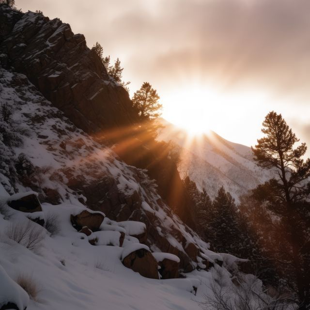 Sunrise illuminates a snowy mountain landscape. Golden rays peek over the rugged terrain, casting a warm glow on the winter scene.