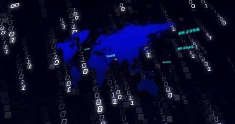 Digital World Map Overlay with Streaming Binary Code and Data Points