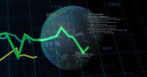 Futuristic 3D Earth HUD with Neon Financial Graphs and Global Data Visualization Analytics