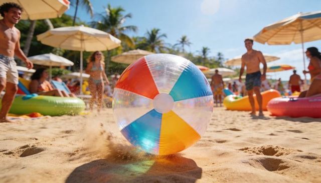 Vibrant transparent beach ball rolling on sunny tropical sand with lively beach crowd