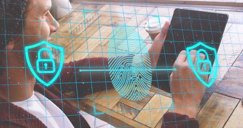 Man Using Tablet with Biometrics Security Overlay