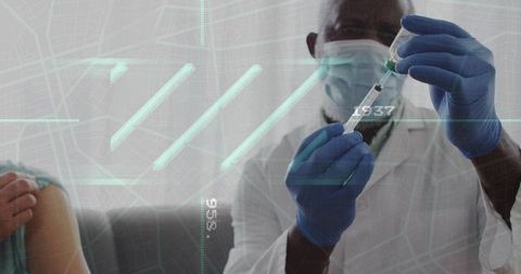 Doctor Preparing Vaccine Dose with Syringe and Vial, Patient Awaiting Shot, Medical HUD