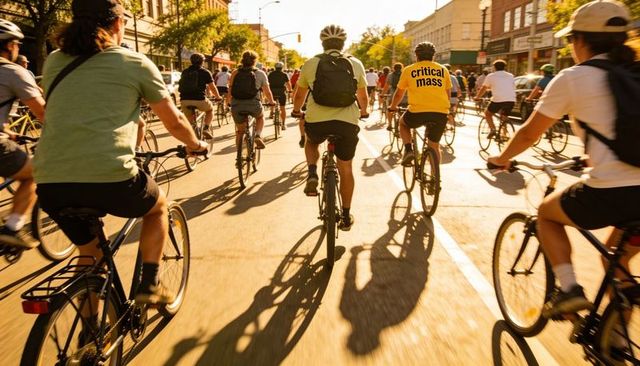 Critical mass group cycling at golden hour on downtown street with riders and long shadows