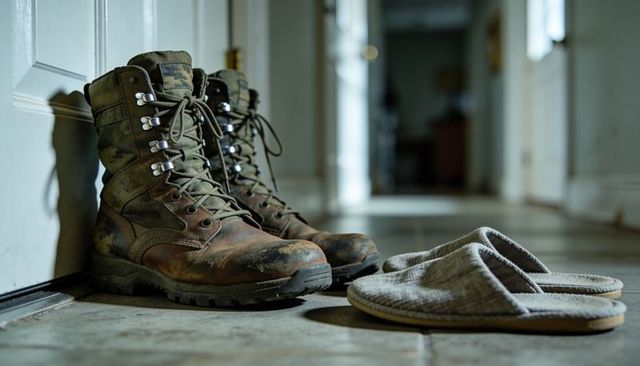 Worn tactical boots leaning by door with cozy slippers showing transition to home